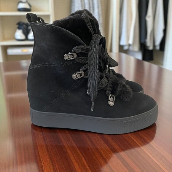JSlides Whitney Black Suede Wedge Sneakers 7.5M New In Box Fur Streetwear Winter - Picture 1 of 8